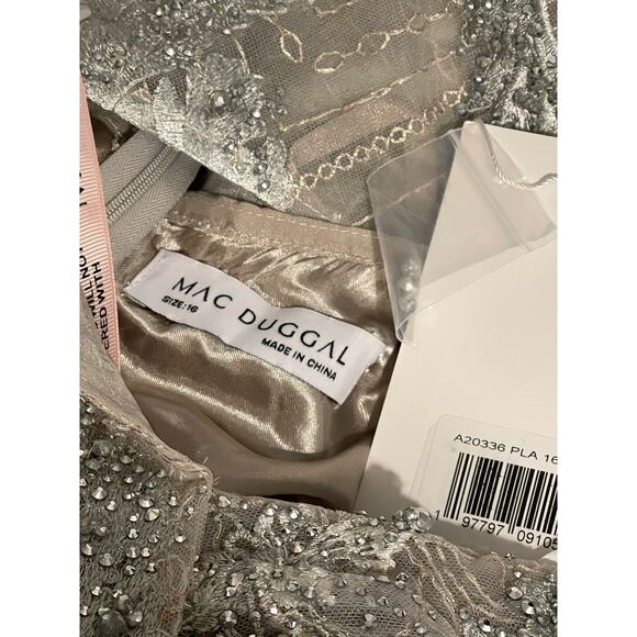 Mac Duggal 16 20336 NEW Platinum Silver Embellished Wrap Over 3/4 Sleeve Dress - Picture 8 of 13